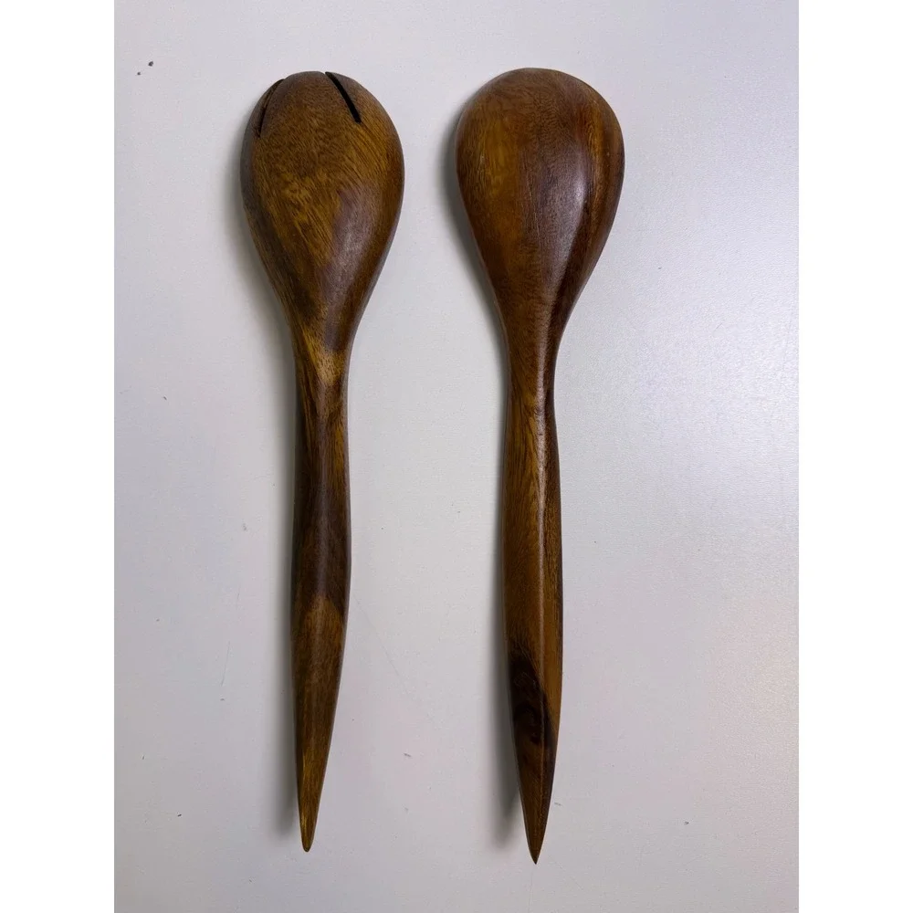Vintage‎ Hand Carved Dark Wood Salad Servers Set 12 Inch Tapered Handle 2 Piece